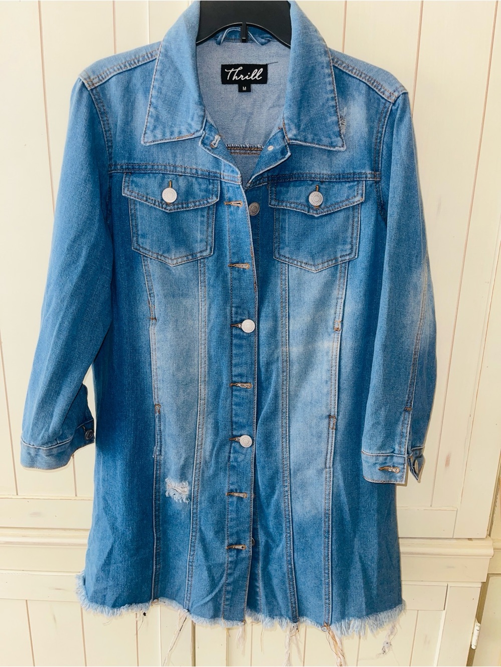 Thrill Distressed Mid Length Denim Button-Front Long Jacket - Light Blue Size M